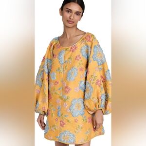 ARIANNE ELMY Yellow Jacquard Good Luck Mini Dress Floral Puff Sleeve S Gala